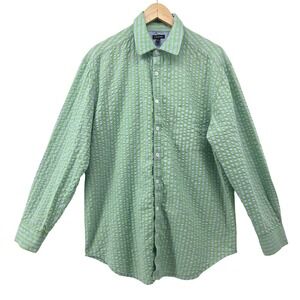 J. Peterman Mens Seersucker Striped Button Down Shirt Green Blue Cotton Size L